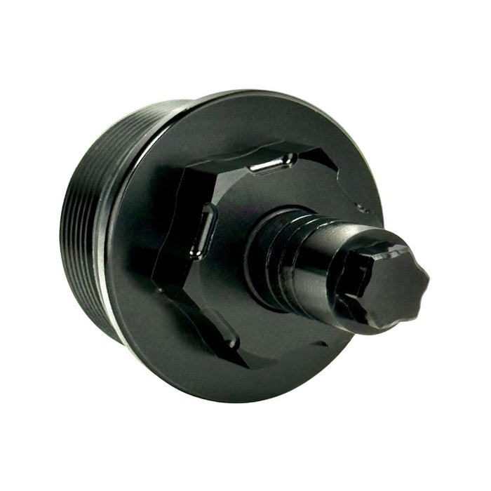 Two black metal Moto Iron Preload Adjusters for Harley-Davidson 39mm forks, featuring hexagonal tops and threaded bases.