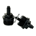 Two black metal Moto Iron Preload Adjusters for Harley-Davidson 39mm forks, featuring hexagonal tops and threaded bases.