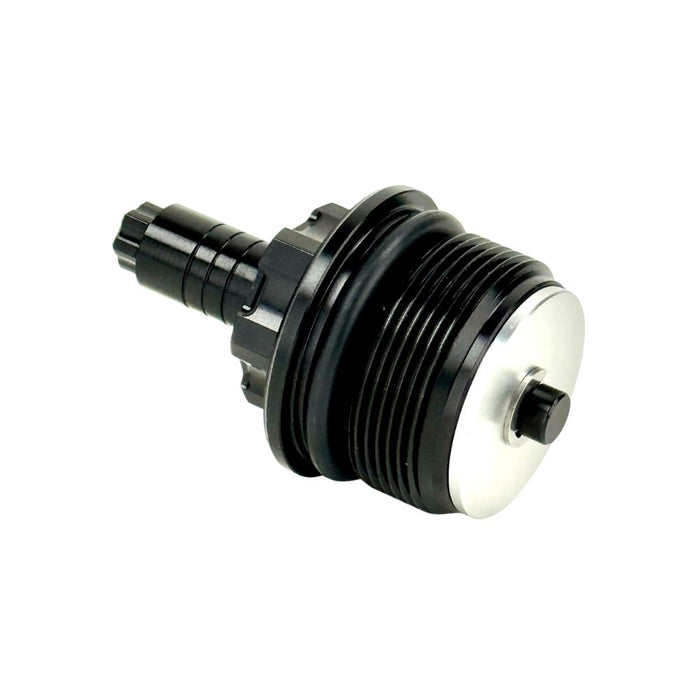 Two black metal Moto Iron Preload Adjusters for Harley-Davidson 39mm forks, featuring hexagonal tops and threaded bases.