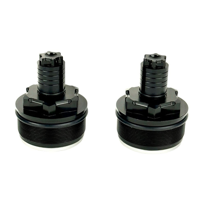 Two black metal Moto Iron Preload Adjusters for Harley-Davidson 49mm forks with threaded bases.