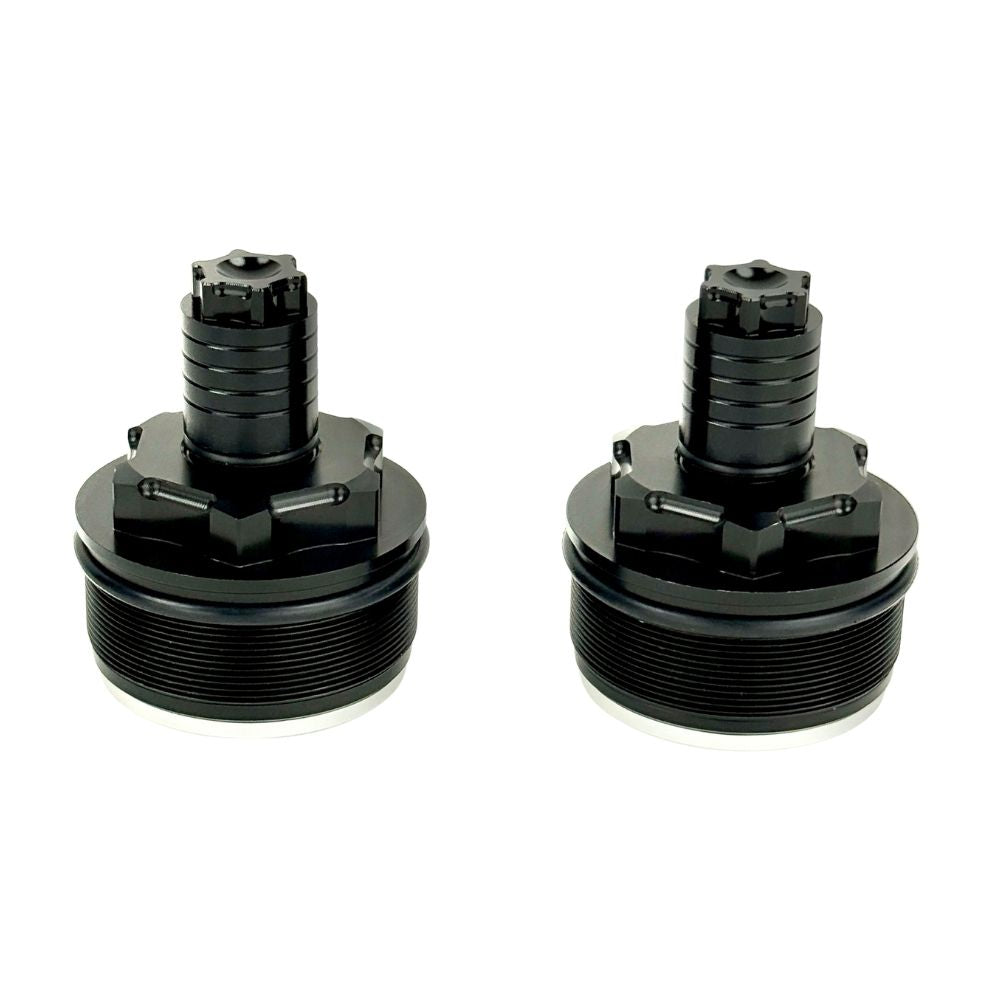 Two black metal Moto Iron Preload Adjusters for Harley-Davidson 49mm forks with threaded bases.