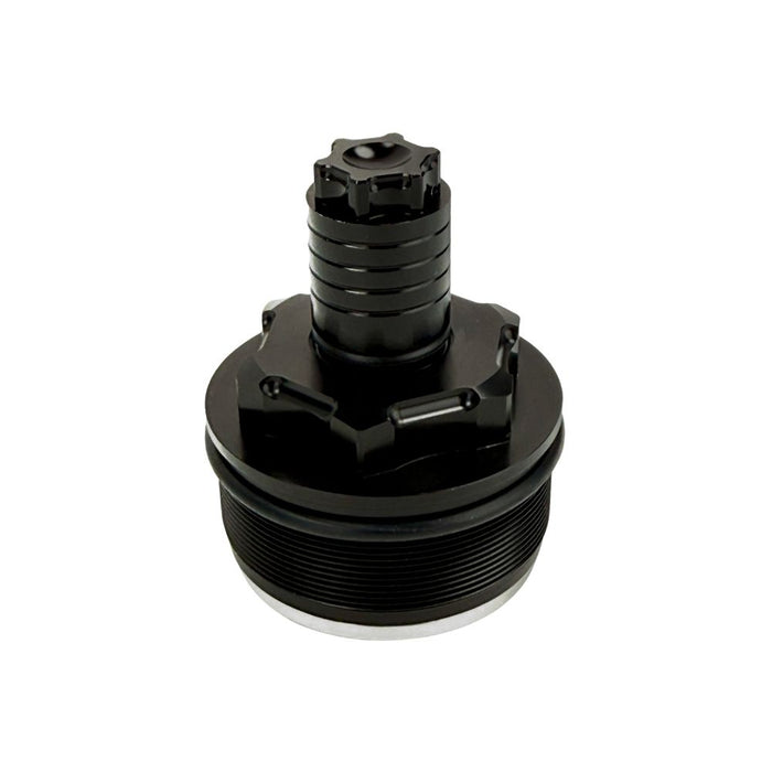 Two black metal Moto Iron Preload Adjusters for Harley-Davidson 49mm forks with threaded bases.