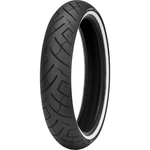 The Shinko SR 777 Tire, a 100/90-19 front tire by Shinko, showcases a classic tread and bold whitewall stripe, standing upright against a white background.
