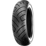 The Shinko SR 777 Tire, a 100/90-19 front tire by Shinko, showcases a classic tread and bold whitewall stripe, standing upright against a white background.