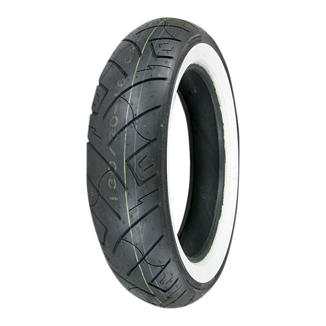 The Shinko SR 777 Tire, a 100/90-19 front tire by Shinko, showcases a classic tread and bold whitewall stripe, standing upright against a white background.