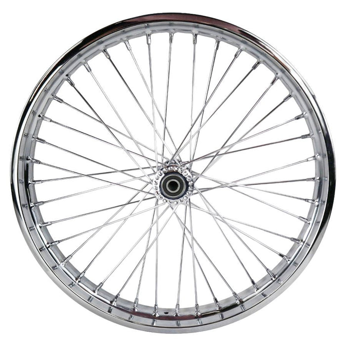 A Wyatt Gatling 21" Spool Hub Chopper Wheel with chrome spokes, on a white background.