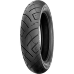 The Shinko SR 777 Tire, a 100/90-19 front tire by Shinko, showcases a classic tread and bold whitewall stripe, standing upright against a white background.