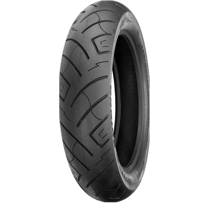 The Shinko SR 777 Tire, a 100/90-19 front tire by Shinko, showcases a classic tread and bold whitewall stripe, standing upright against a white background.