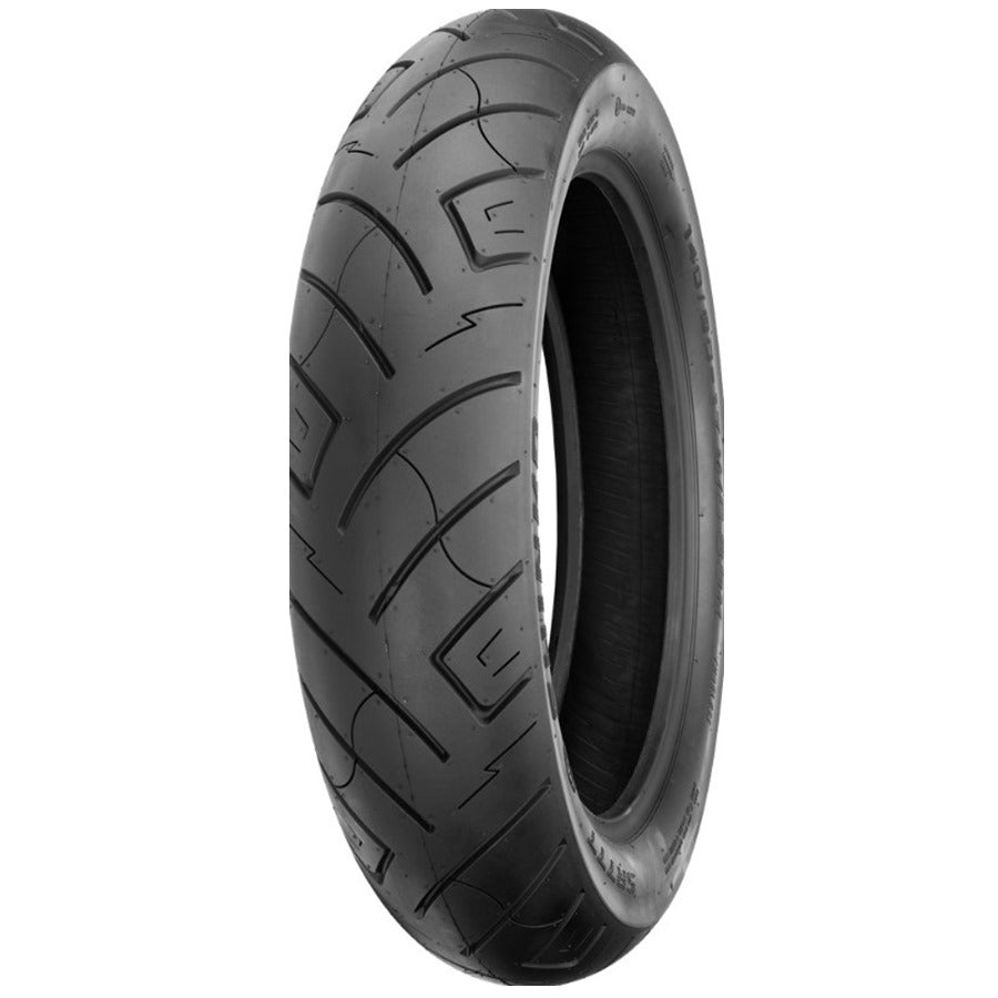 A black Shinko SR777 110-90/19 front tire with a tread pattern designed for cruiser motorcycles.