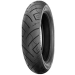 A black Shinko SR777 110-90/19 front tire with a tread pattern designed for cruiser motorcycles.
