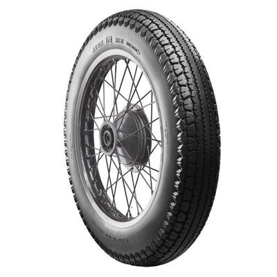A classic spoked wheel with an Avon Tire - Safety Mileage Mark II AM7 - Rear - 5.00-16 - 69S.