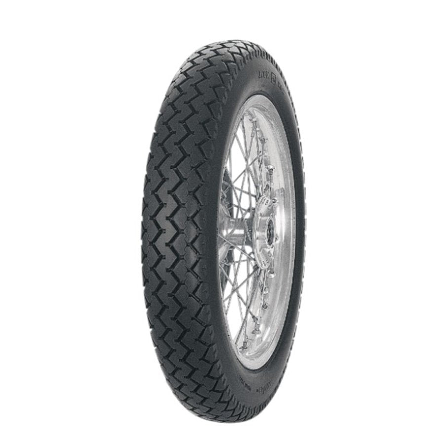 Sentence with product replaced:
Avon Motorcycle tire featuring a Classic block pattern with a spoked wheel against a white background.
