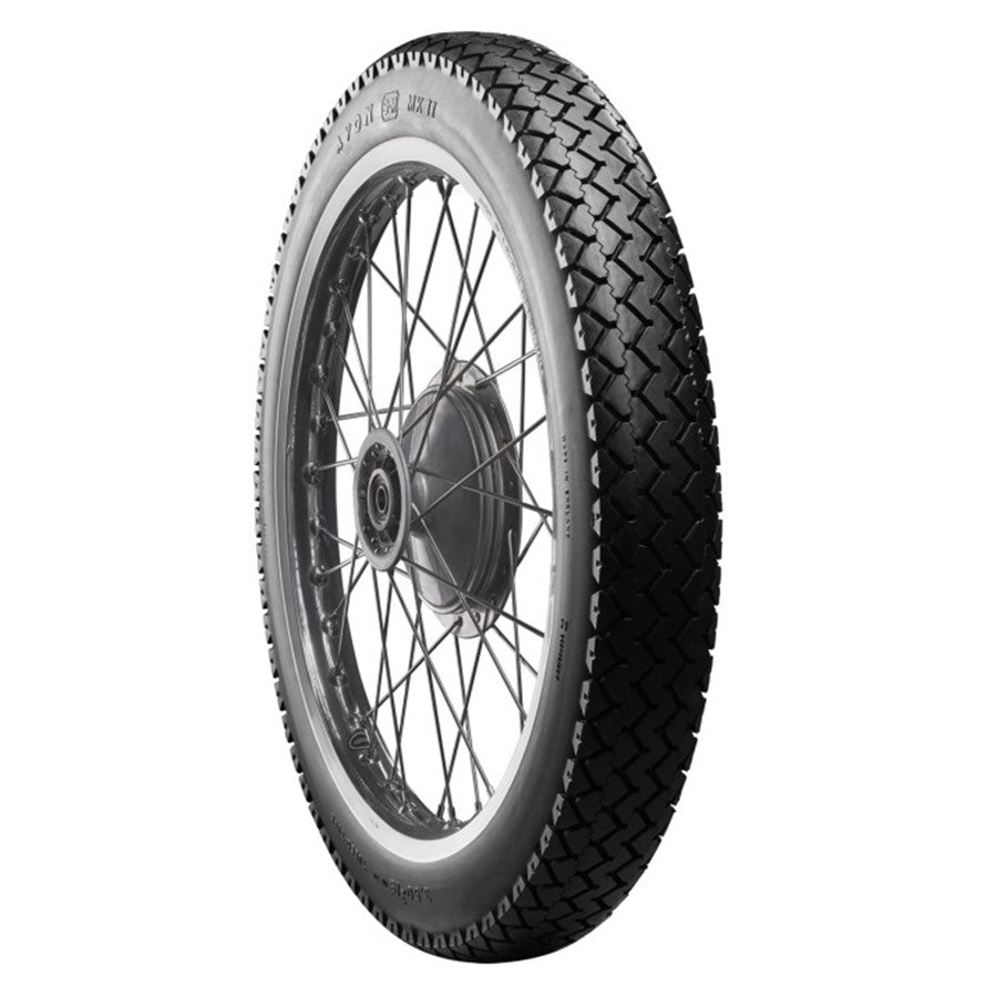 A classic block pattern tire, the Avon Tire - Safety Mileage Mark II AM7 - Rear - 4.00-18 - 64S by Avon, mounted on a spoked wheel.