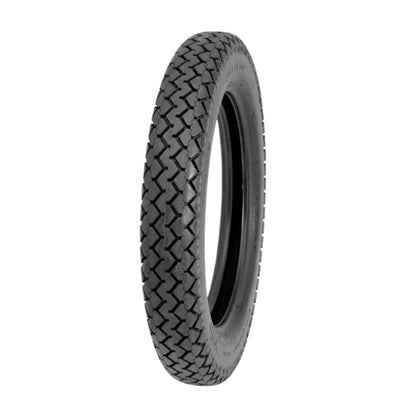 A classic block pattern tire, the Avon Tire - Safety Mileage Mark II AM7 - Rear - 4.00-18 - 64S by Avon, mounted on a spoked wheel.