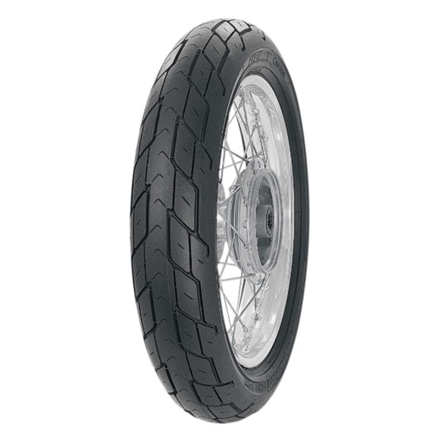 A motorcycle tire with a spoked wheel against a white background features Avon Tire - AM20 - Front - 90/90-19 - 52H technology for improved wet conditions traction.