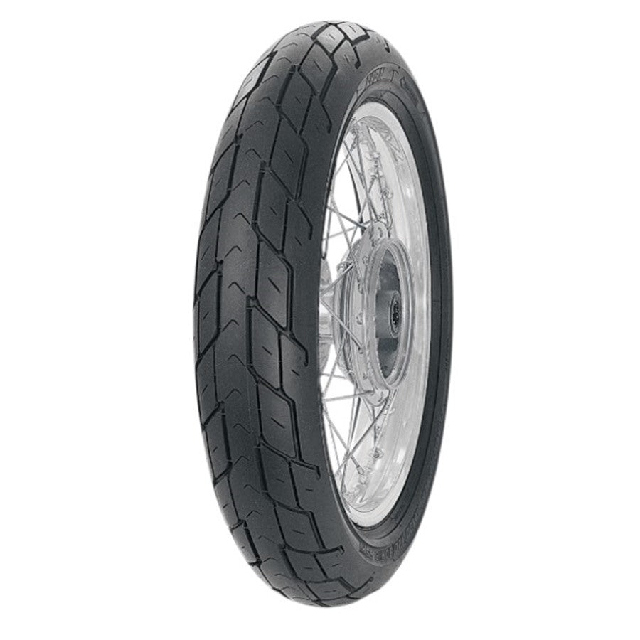 Avon Motorcycle tire with a tread pattern mounted on a spoked wheel, by Avon.