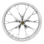 The Marlin Precision Cast 3D 21x3.5 Front Wheel, by Coastal Moto, boasts a shiny chrome finish and intricate spokes. Designed for '08-'23 Baggers with ABS & Dual Disc, it guarantees easy installation as a direct bolt-on component for your motorcycle.