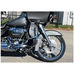The Marlin Precision Cast 3D 21x3.5 Front Wheel, by Coastal Moto, boasts a shiny chrome finish and intricate spokes. Designed for '08-'23 Baggers with ABS & Dual Disc, it guarantees easy installation as a direct bolt-on component for your motorcycle.