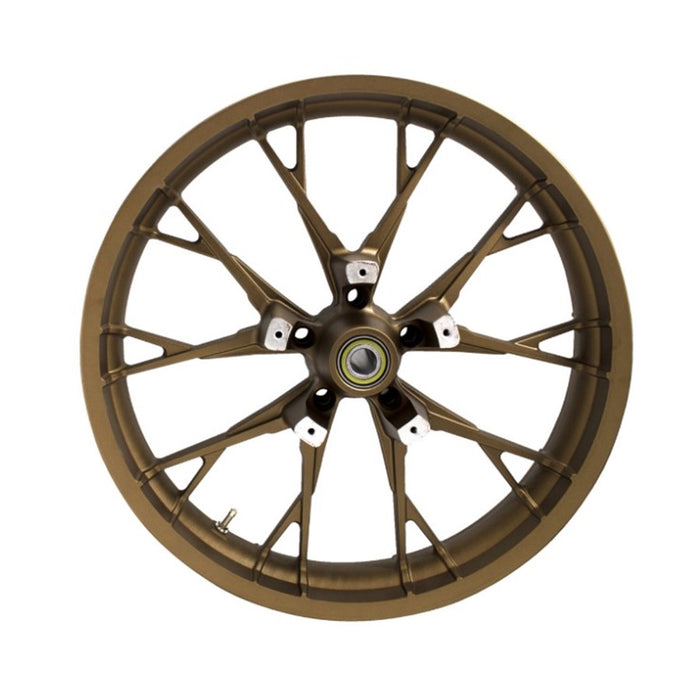 A Coastal Moto Marlin precision cast 3D 21x3.5 front wheel in a bronze finish, designed for &