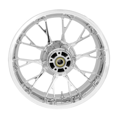 The Coastal Moto Marlin Precision Cast 3D 18x5.5 Rear Wheel in chrome, designed for '08-'23 Bagger with ABS, features a sleek multi-spoke look—perfect for those seeking premium HD Aftermarket Wheels.