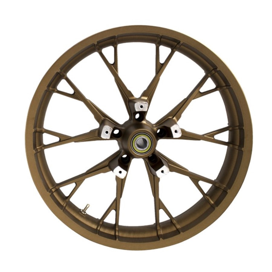 A bronze-colored Coastal Moto Marlin Precision Cast 3D 18x5.5 Rear Wheel with a multi-spoke, 3D contoured design, viewed from a straight-on angle, suitable for &