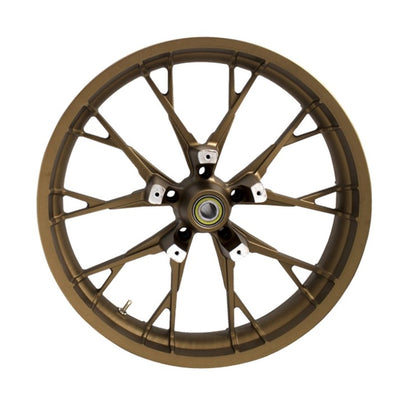 A bronze-colored Coastal Moto Marlin Precision Cast 3D 18x5.5 Rear Wheel with a multi-spoke, 3D contoured design, viewed from a straight-on angle, suitable for '08-'23 Bagger models with ABS.