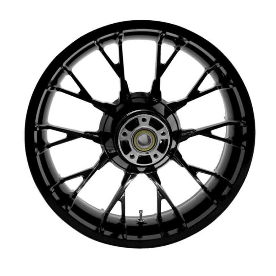 Close-up of the Marlin Precision Cast 3D 18x5.5 Rear Wheel - Black by Coastal Moto, featuring a sleek, black, multi-spoke alloy design with a central hub and intricate details. This HD aftermarket wheel for &