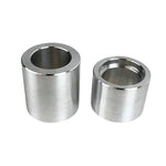 Two cylindrical, brushed metal bushings from the TC Bros. Spool Wheel Axle Spacer Kit for 1987-2007 Harley Davidson 39mm Narrow Glide Fork are shown side by side on a white background.