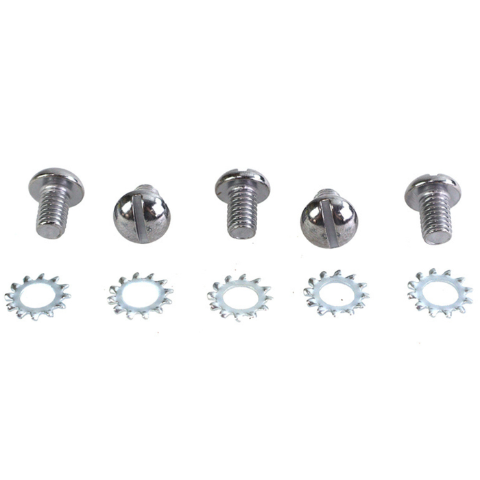 Four metal slotted screws and four serrated lock washers from the Colony Machine Star Hub Screw Kit are arranged side by side on a white background, highlighting their durable chrome finish—ideal for restoring your classic Harley-Davidson Servicar.