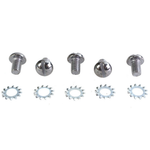 Four metal slotted screws and four serrated lock washers from the Colony Machine Star Hub Screw Kit are arranged side by side on a white background, highlighting their durable chrome finish—ideal for restoring your classic Harley-Davidson Servicar.