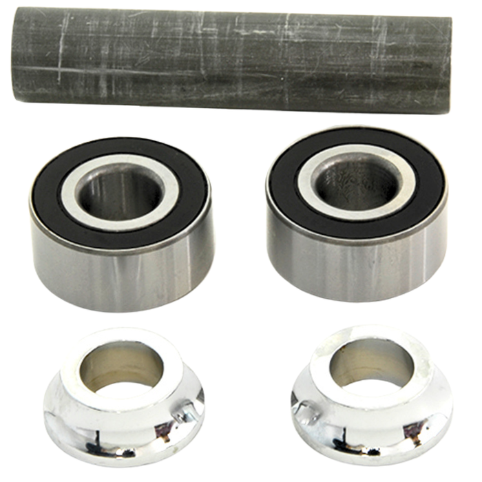 Two metal ball bearings, two shiny metal collars, and a cylindrical rod are arranged on a white background—components featured in the Wyatt Gatling Sealed Hub Bearing Conversion Kit for 1984-1999 Harley-Davidson wheels.