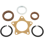A set of seven OEM-replica gaskets and seals—including cork rings, a metal ring, a paper gasket, and two black snap rings—are arranged on a white background in the Wyatt Gatling Star Hub Gasket Kit by Wyatt Gatling, making it an ideal choice for restoring or maintaining your Harley-Davidson Servicar.