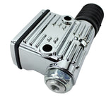 A close-up of the Wyatt Gatling Rear Brake Master Cylinder for Sportsters (fits 87-03), chrome-plated with a ribbed black rubber section and two circular openings, ideal for Harley Sportsters and custom choppers.