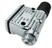 A close-up of the Wyatt Gatling Rear Brake Master Cylinder for Sportsters (fits 87-03), chrome-plated with a ribbed black rubber section and two circular openings, ideal for Harley Sportsters and custom choppers.