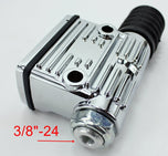A close-up of the Wyatt Gatling Rear Brake Master Cylinder for Sportsters (fits 87-03), chrome-plated with a ribbed black rubber section and two circular openings, ideal for Harley Sportsters and custom choppers.