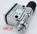 A close-up of the Wyatt Gatling Rear Brake Master Cylinder for Sportsters (fits 87-03), chrome-plated with a ribbed black rubber section and two circular openings, ideal for Harley Sportsters and custom choppers.