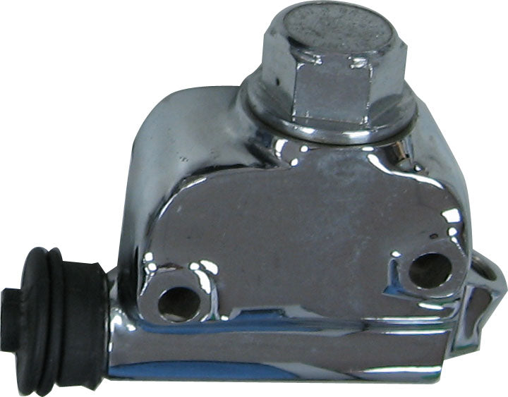 Two Moto Iron® Chrome Rear Master Cylinders for 1958-E1979 Harley-Davidson Big Twin models are shown from different angles, each featuring a rubber dust cover.