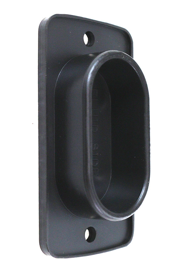 The Mid-USA Rear Master Cylinder Cover Gasket for 1985-1995 Harley-Davidson is a black plastic oval wall plate with two screw holes, designed to mount and cover an opening, resembling a Harley master cylinder gasket.
