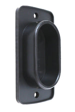 The Mid-USA Rear Master Cylinder Cover Gasket for 1985-1995 Harley-Davidson is a black plastic oval wall plate with two screw holes, designed to mount and cover an opening, resembling a Harley master cylinder gasket.