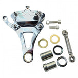 The Moto Iron® Brake Caliper Kit for Moto Iron Springer Front Ends includes two disc brake calipers—one 4-piston in chrome and one in black—with mounting hardware and bolts, displayed on a white background.