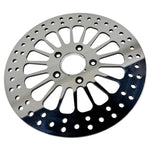 A Moto Iron® King Spoke 11.5" Front Brake Rotor Harley Softail, Touring, Dyna, & Sportster 84-13 Polished with a polished finish on a white background.