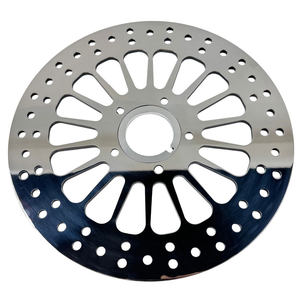 A Moto Iron® King Spoke 11.5" Front Brake Rotor Harley Softail, Touring, Dyna, & Sportster 84-13 Polished with a polished finish on a white background.