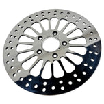 A Moto Iron® King Spoke 11.5" Front Brake Rotor Harley Softail, Touring, Dyna, & Sportster 84-13 Polished with a polished finish on a white background.