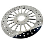 A Moto Iron® King Spoke 11.5" Front Brake Rotor Harley Softail, Touring, Dyna, & Sportster 84-13 Polished with a polished finish on a white background.
