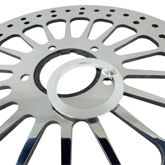A Moto Iron® King Spoke 11.5" Front Brake Rotor Harley Softail, Touring, Dyna, & Sportster 84-13 Polished with a polished finish on a white background.