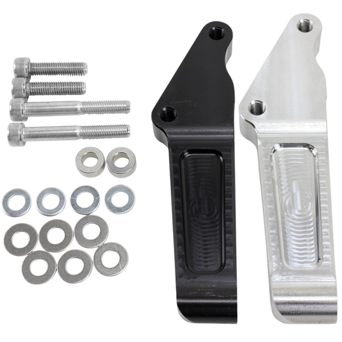 Two metal brackets, one black and one silver, with washers and bolts are shown on a white background—ideal for upgrading your 2000-up Harley-Davidson using the TC Bros. Front Radial Brake Bracket for 320mm/12.6" discs.