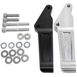 Two metal brackets, one black and one silver, with washers and bolts are shown on a white background—ideal for upgrading your 2000-up Harley-Davidson using the TC Bros. Front Radial Brake Bracket for 320mm/12.6" discs.
