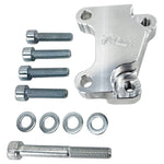 A TC Bros. 12.6in Front Brake Bracket 2008-Up Harley OEM RH Caliper with an engraved logo, four bolts, four washers, and an additional long bolt laid out on a white background. Perfect for a front brake bracket or RH caliper installation.
