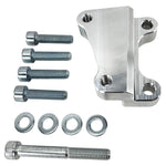 A TC Bros. 12.6in Front Brake Bracket 2008-Up Harley OEM RH Caliper with an engraved logo, four bolts, four washers, and an additional long bolt laid out on a white background. Perfect for a front brake bracket or RH caliper installation.
