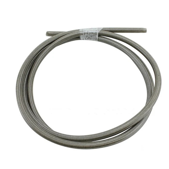 Two Moto Iron® Universal Cut-To-Length Brake Lines, one in stainless steel finish and one in black, both with exposed ends, shown on a white background—ideal for hydraulic brake systems.